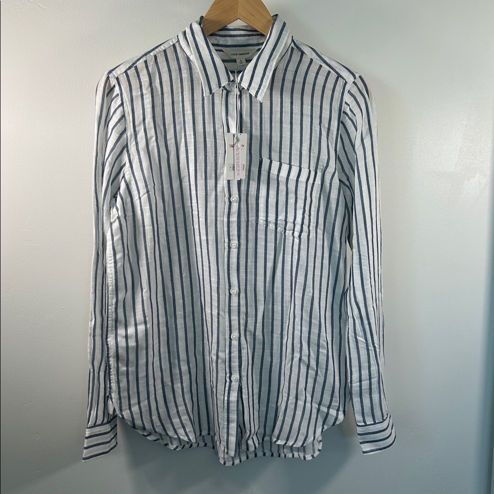 Lucky Brand Women’s Vertical Stripe Button-Down Shirt - White & Blue - Picture 14 of 15